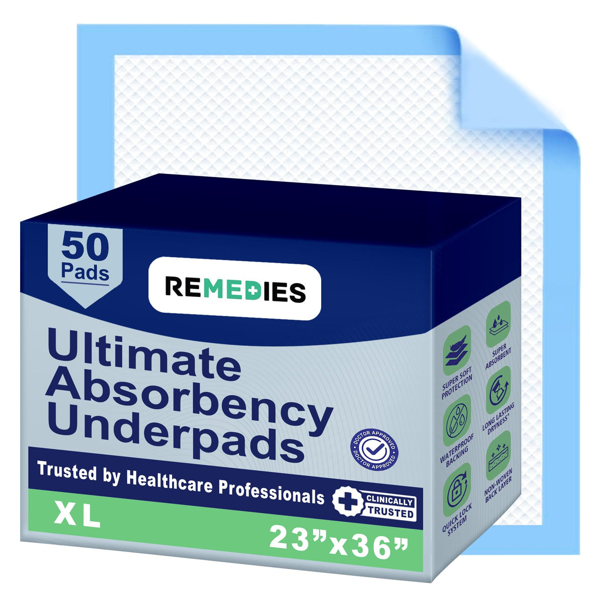 REMEDIES empaque frontal mostrando tamaño y beneficios absorbentes