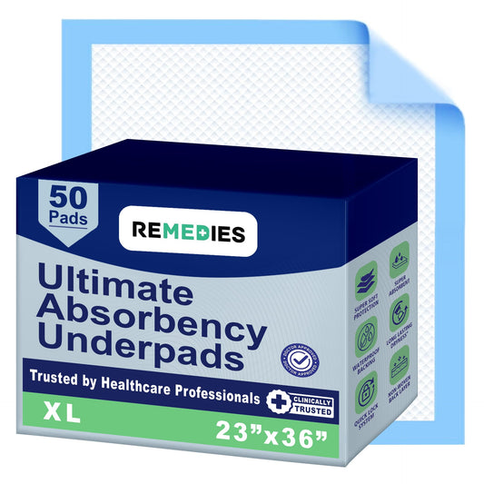 REMEDIES empaque frontal mostrando tamaño y beneficios absorbentes
