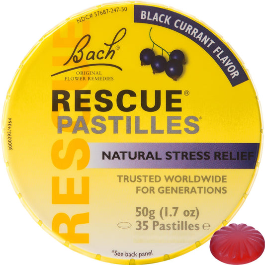 Remedio Rescate pastillas de grosella negra en primer plano, ideal para momentos de tensión