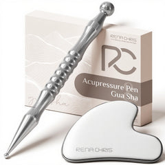 Rena Chris conjunto frontal mostrando bolígrafo y gua sha, diseño ergonómico