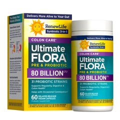 Renew Life vista frontal del envase que muestra la fórmula 80 billion CFU para soporte intestinal