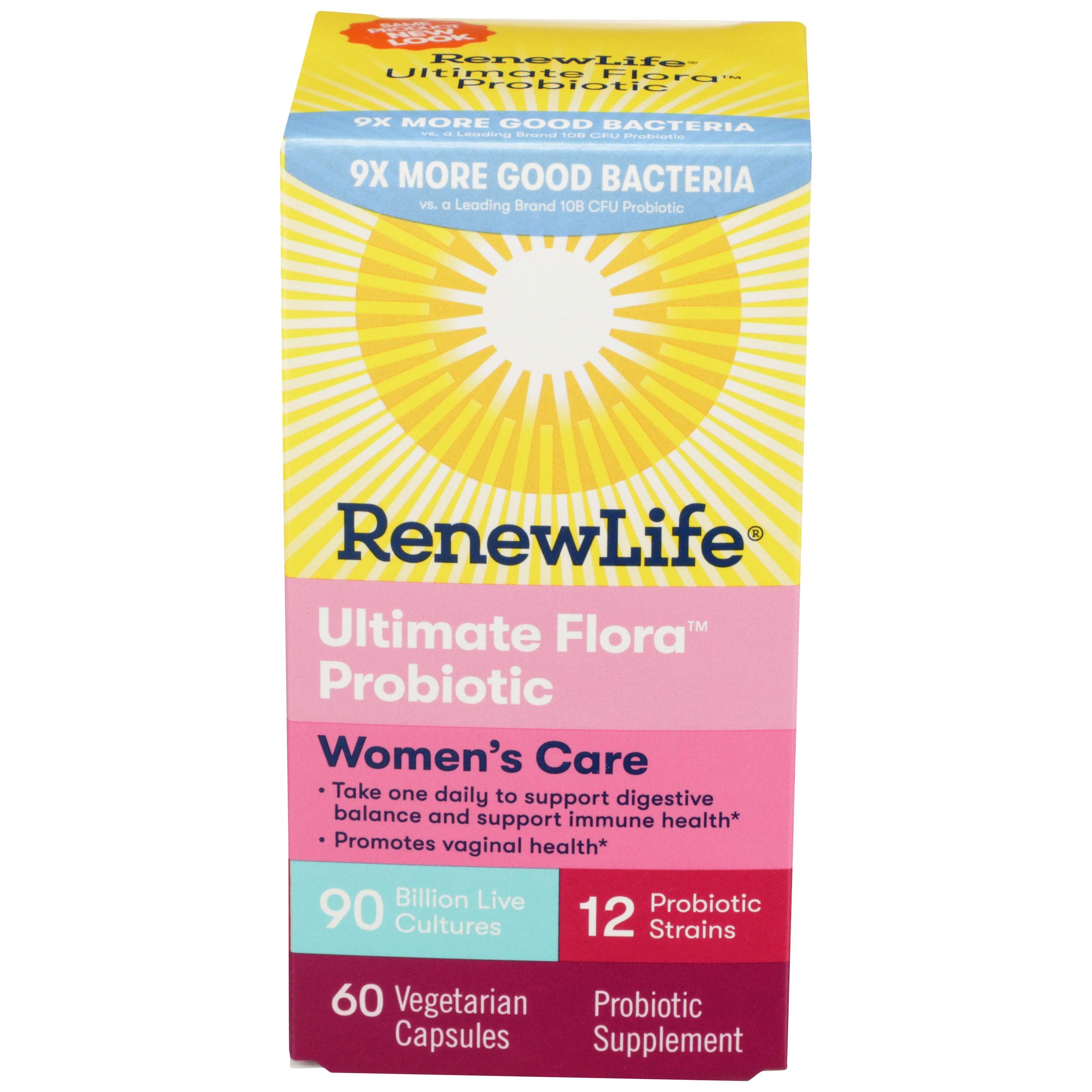 Renew Life frasco frontal mostrando 60 cápsulas y beneficios visibles