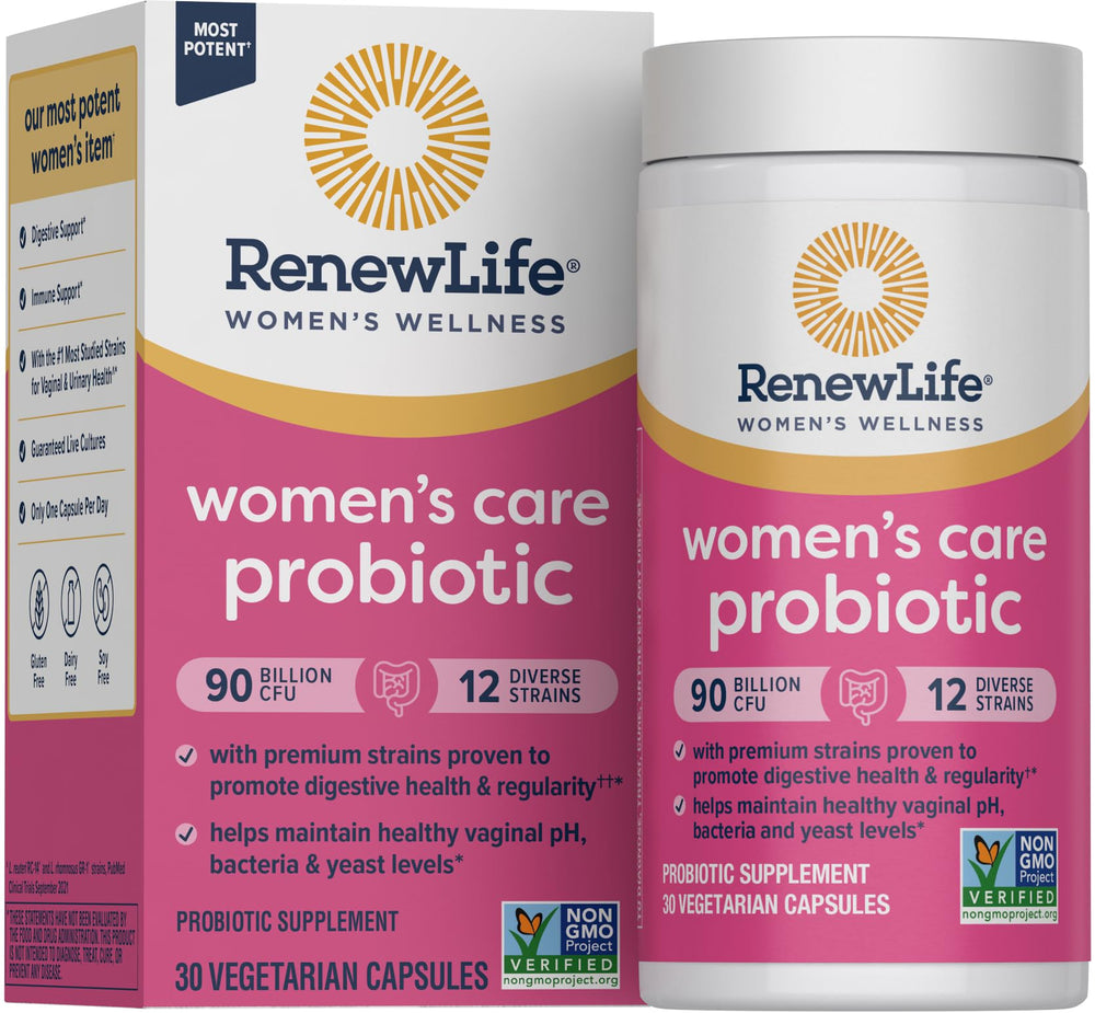 Renew Life frasco frontal mostrando etiqueta y beneficio femenino