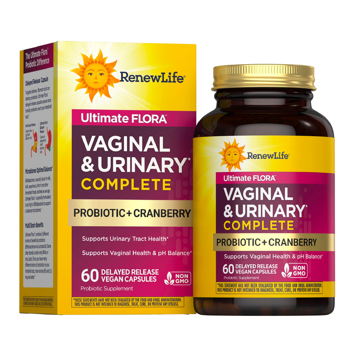 Renew Life frasco frontal mostrando el envase y beneficios para la mujer