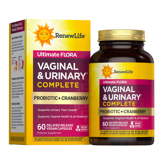 Renew Life frasco frontal mostrando el envase y beneficios para la mujer