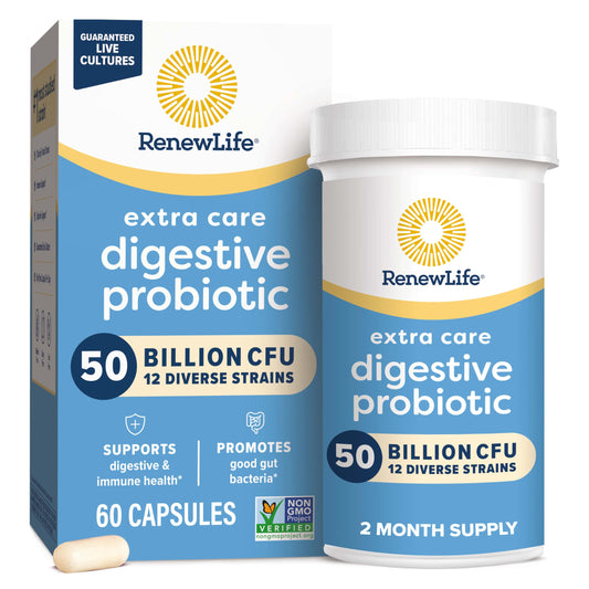 Renew Life frente del empaque mostrando 50 billion y 12 cepas para confianza