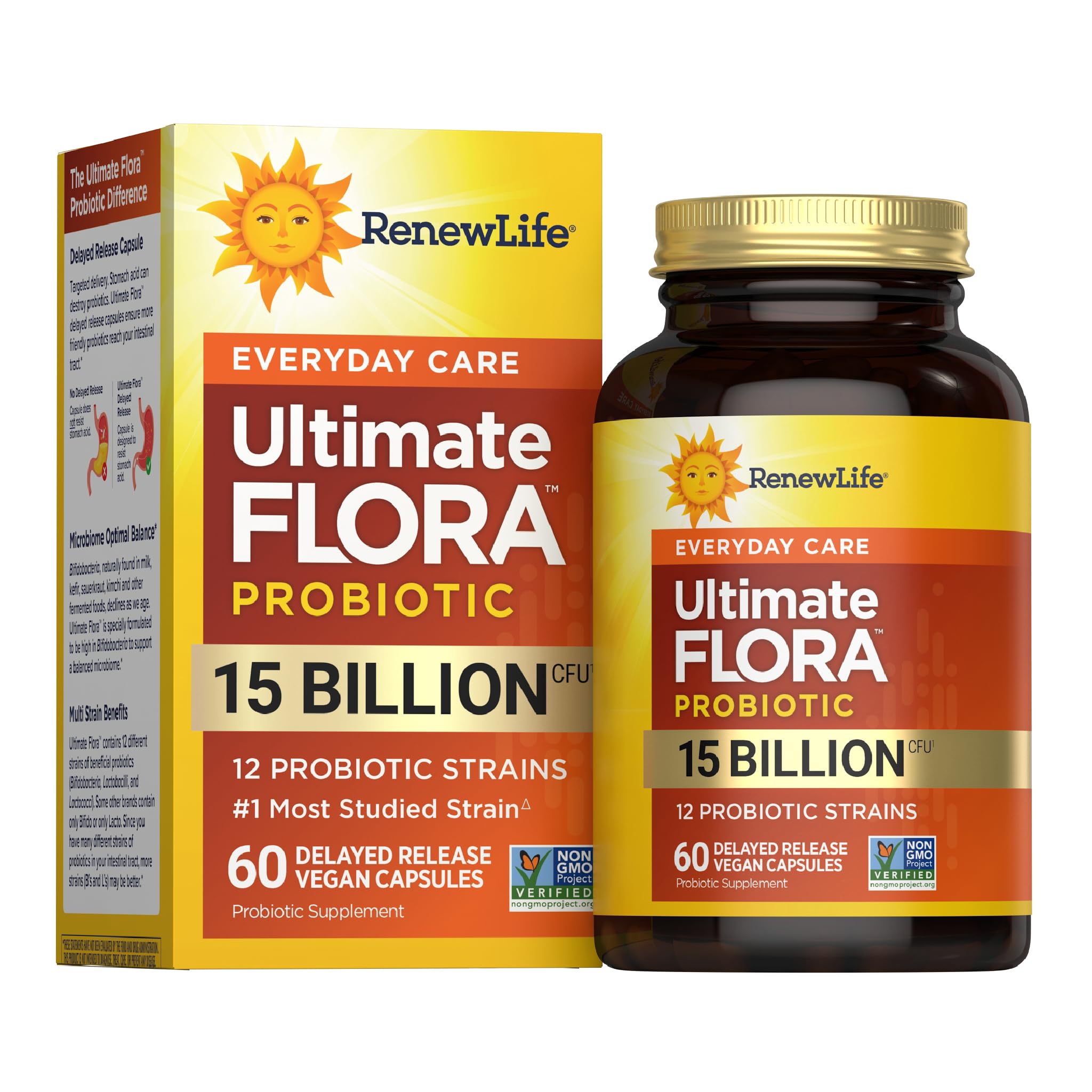 Renew Life frente del envase mostrando 60 cápsulas y beneficios clave
