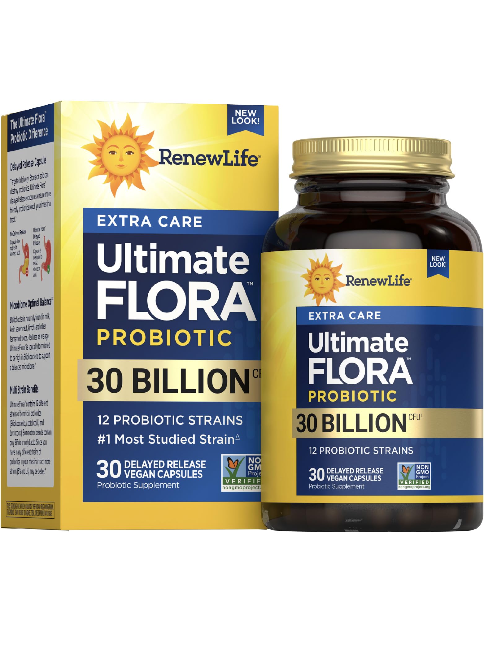 Renew Life envase frontal mostrando 30 cápsulas y beneficios digestivos