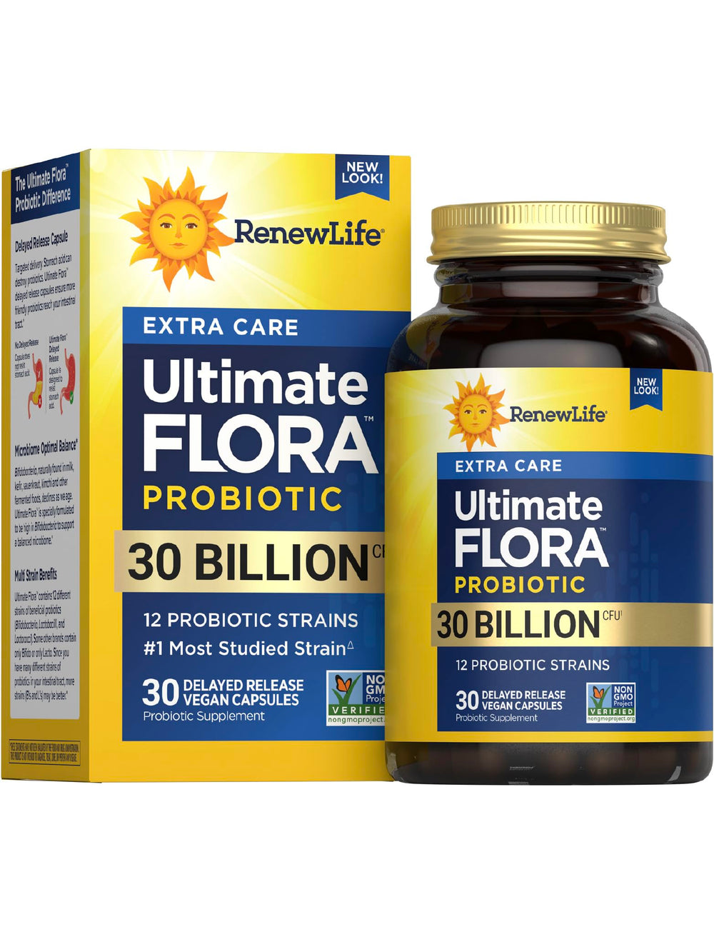 Renew Life envase frontal mostrando 30 cápsulas y beneficios digestivos