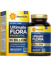 Renew Life envase frontal mostrando 30 cápsulas y beneficios digestivos
