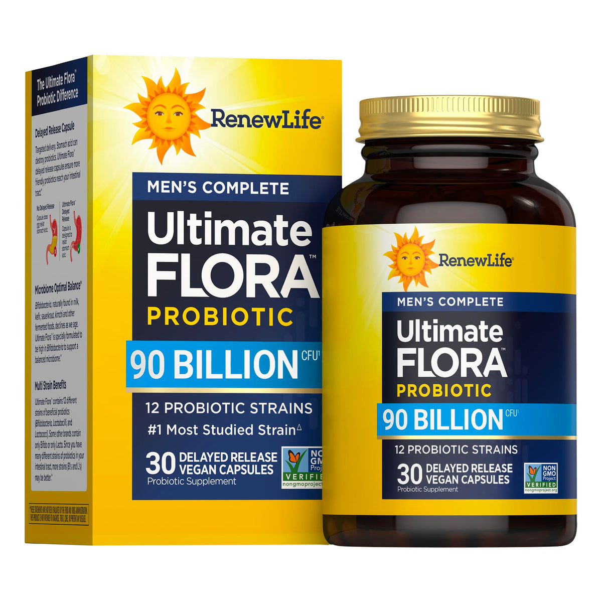 Renew Life frasco frontal que muestra diseño y beneficios para confianza