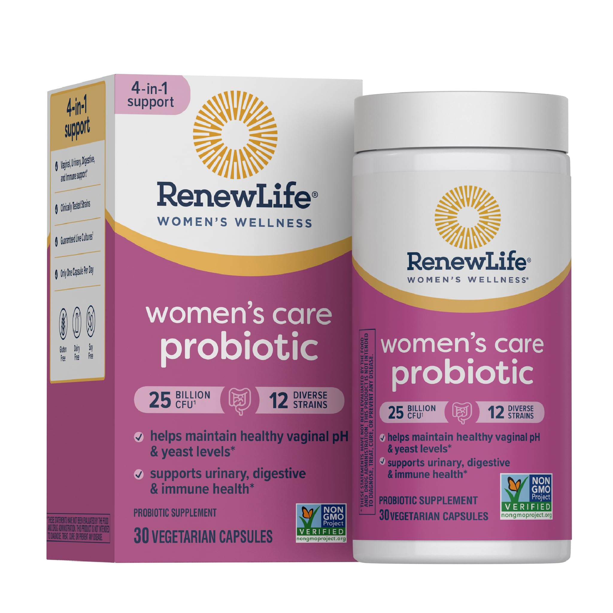 Renew Life envase frontal del probiótico femenino mostrando la etiqueta y beneficios