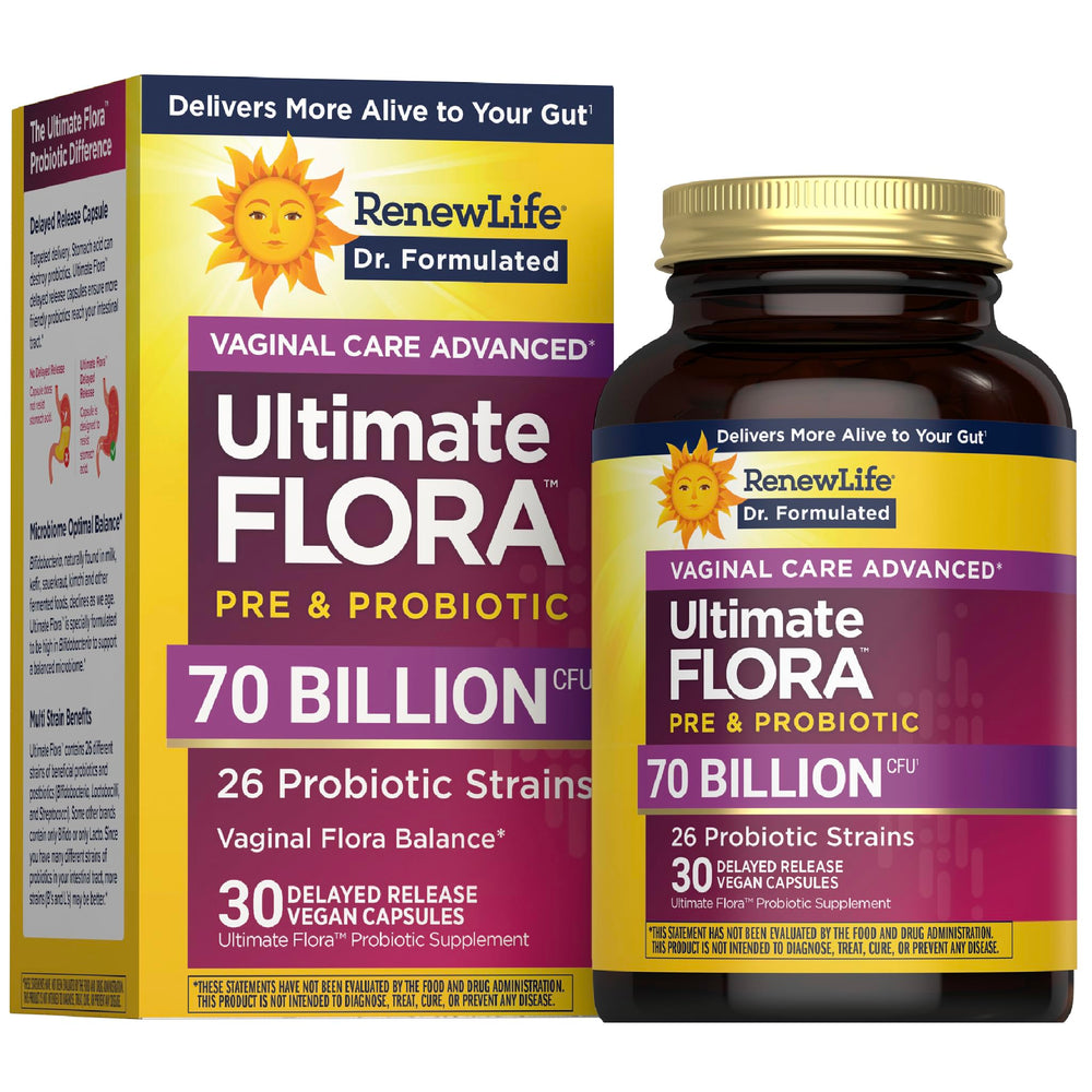 Renew Life envase frontal mostrando marca y beneficio apoyo vaginal