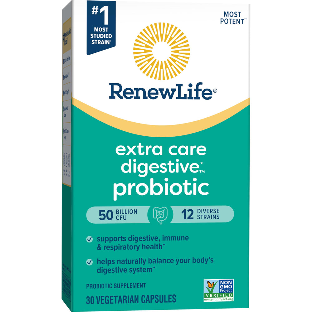 Renew Life Probiótico, etiqueta con 12 cepas, beneficios probióticos para digestión y defensa.