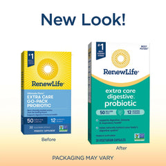 Renew Life Probiótico, primer plano de cápsula, ayuda potencial para salud digestiva y respiratoria.