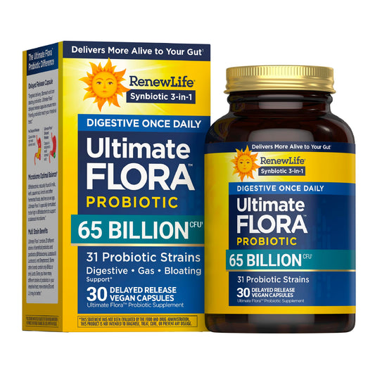 renew life empaque frontal mostrando 65 billones UFC y 31 cepas, fácil identificación