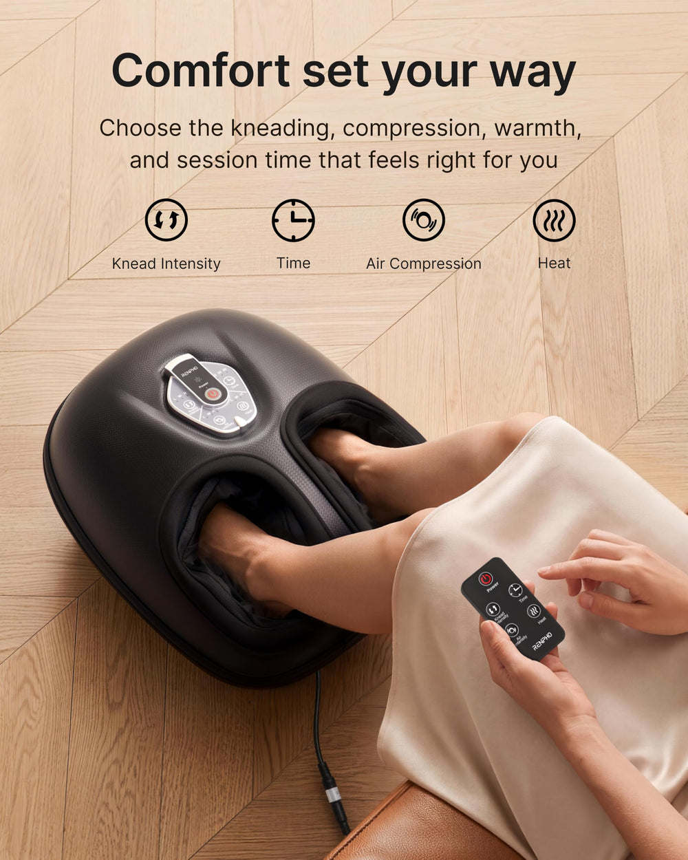 RENPHO panel de controles con botones intuitivos para personalizar masaje