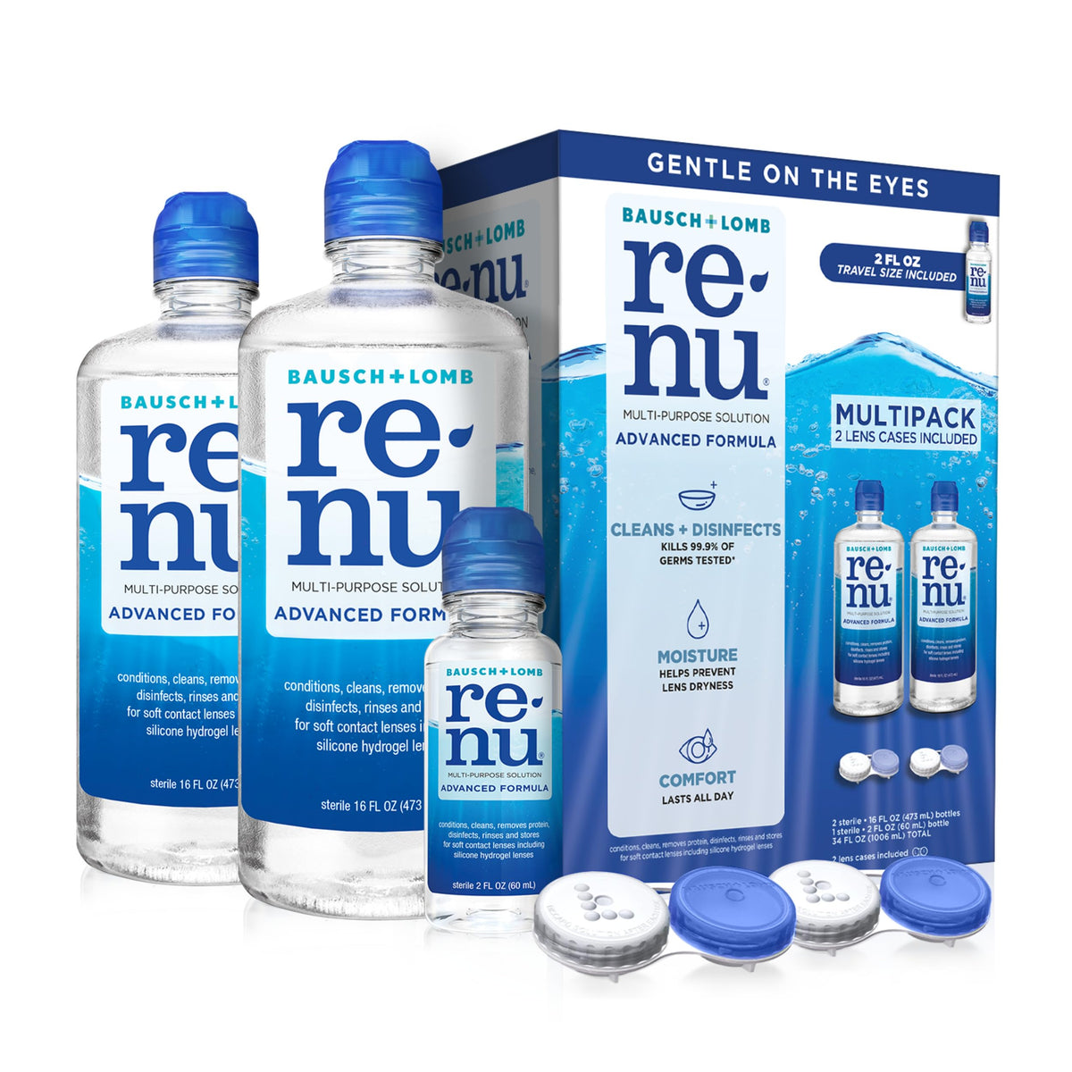 Renu frontal del pack con dos botellas y beneficio de limpieza completa