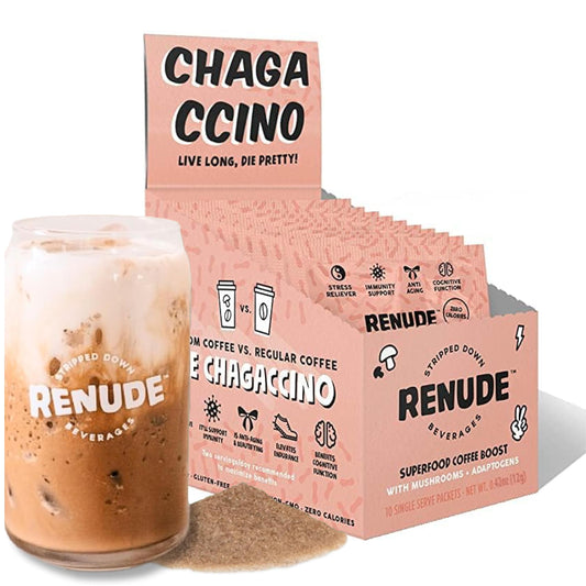 Renude chagaccino empaque frontal mostrando porciones y beneficios