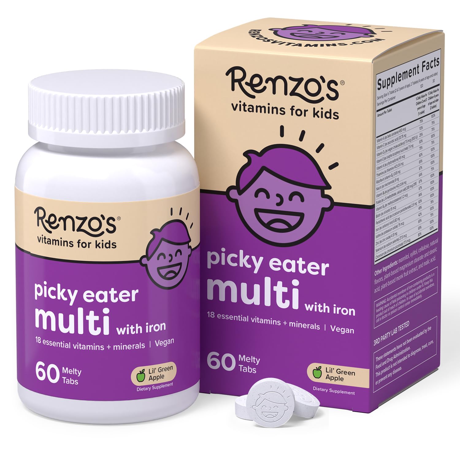 Renzo's envase frontal mostrando tabletas disolubles y beneficios visibles