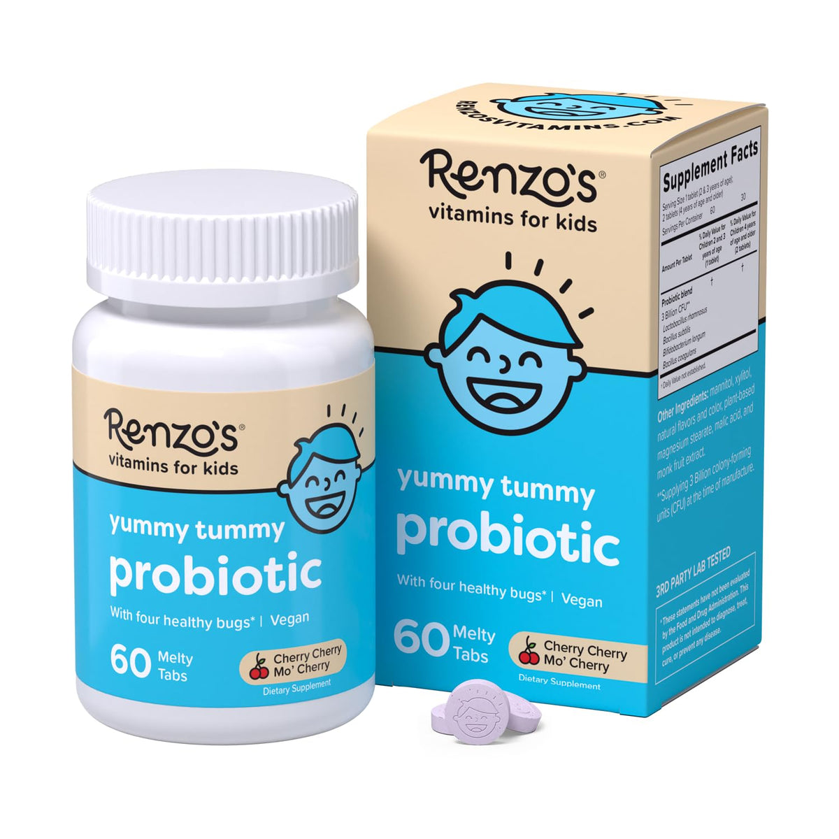 Renzo's frasco delantero con tabletas sabor cereza, fácil identificación y presentación