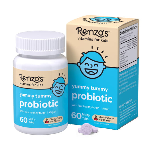 Renzo's frasco delantero con tabletas sabor cereza, fácil identificación y presentación