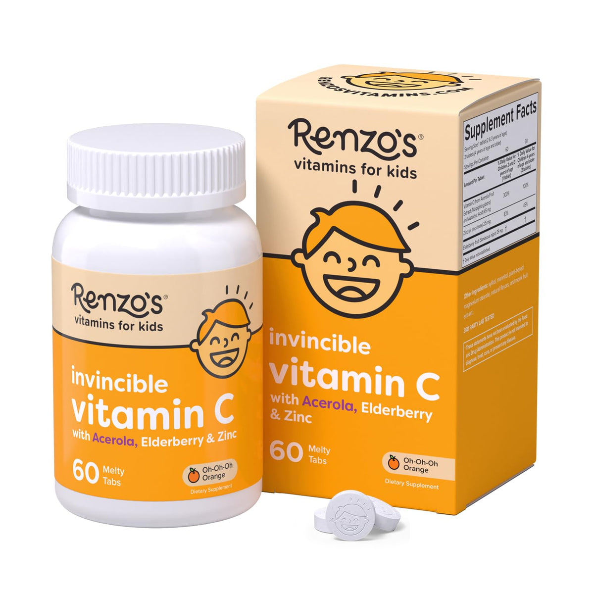 Renzo's empaque frontal mostrando tabletas melty y beneficio conveniencia