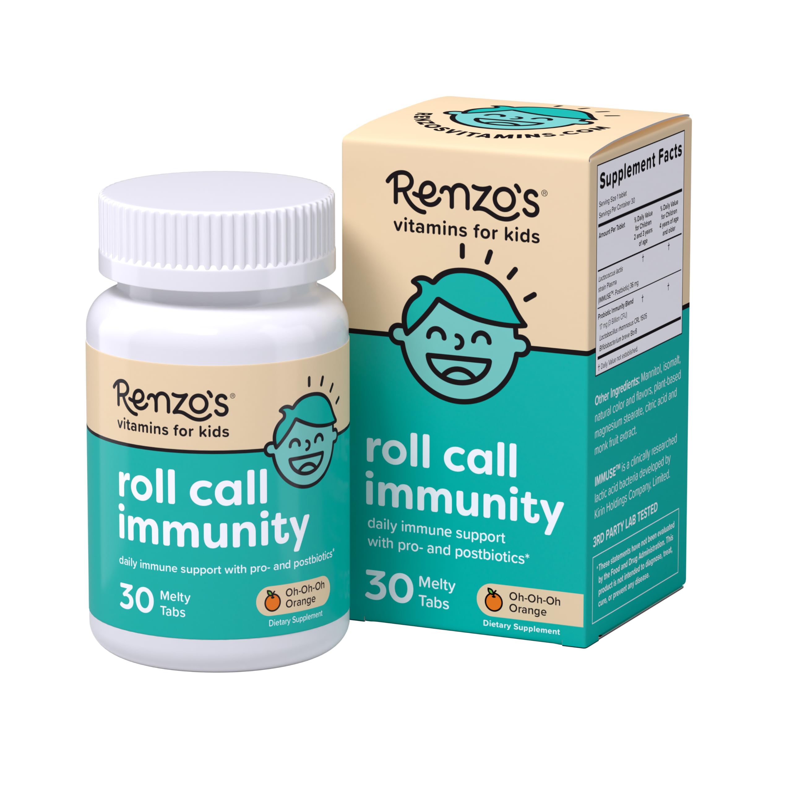 Renzo's frente del envase mostrando sabor Oh-Oh-Oh Orange y beneficio de soporte inmune