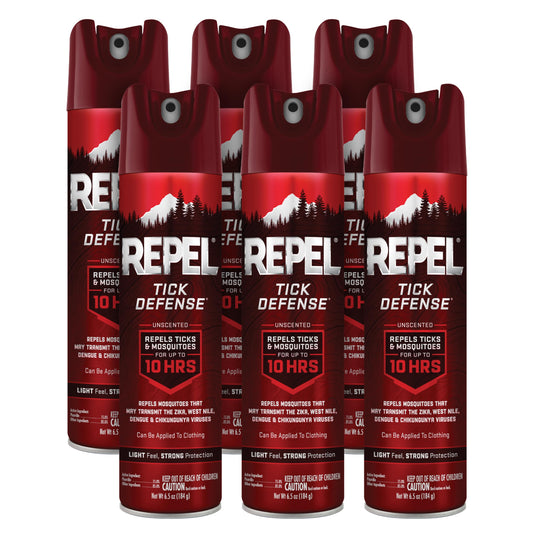Repel aerosol pack de 6 mostrando envases frontales, protección prolongada