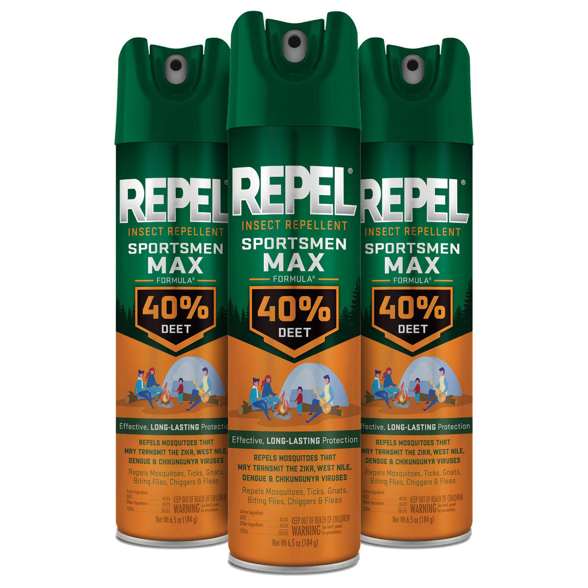 Repel aerosol pack front mostrando latas y beneficio protección prolongada