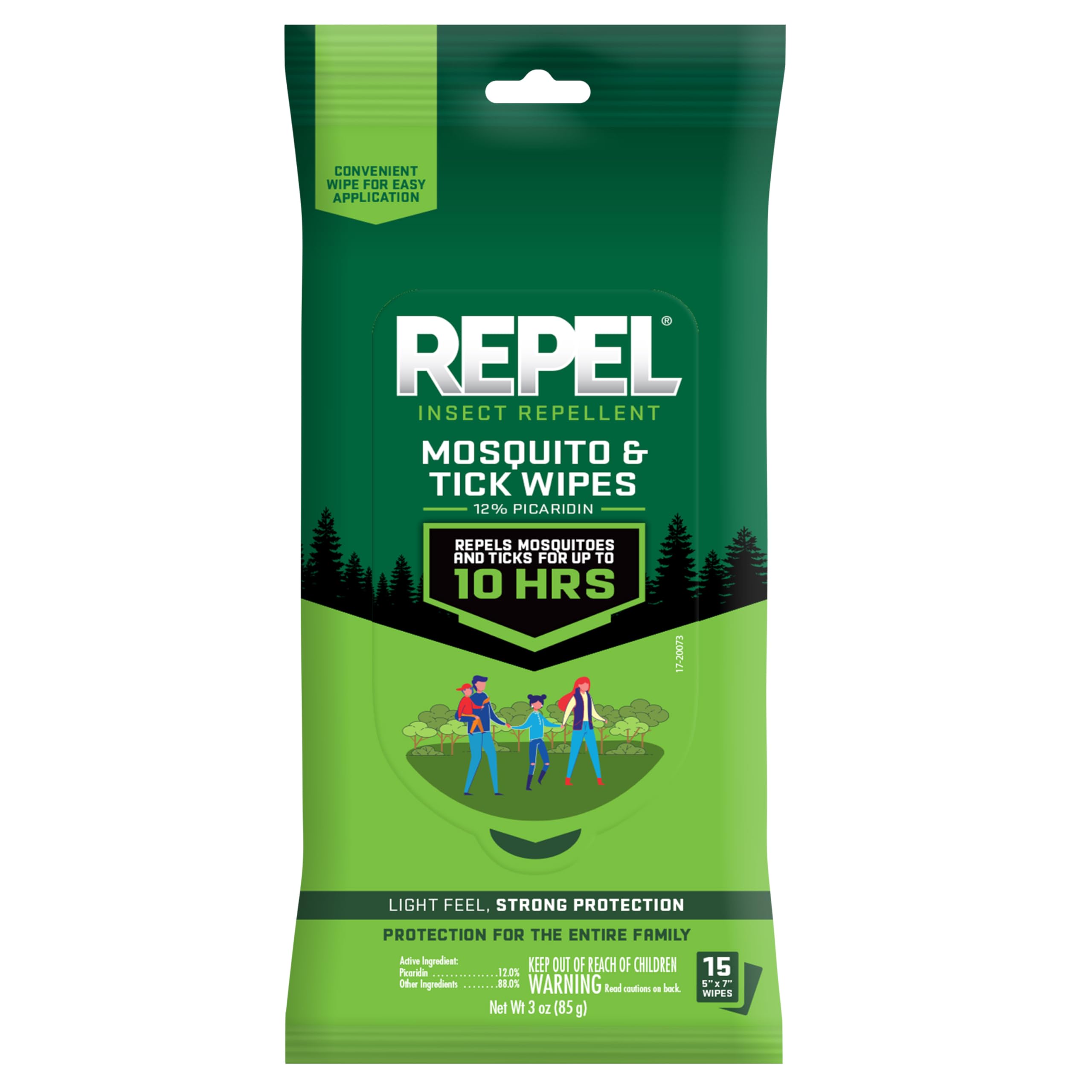 Repel paquete frontal mostrando 15 toallitas y beneficios de viaje