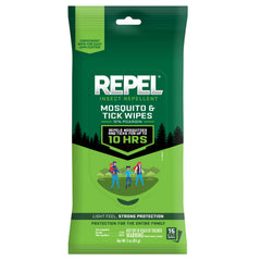 Repel paquete frontal mostrando 15 toallitas y beneficios de viaje