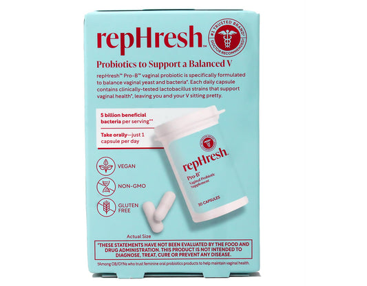 RepHresh Pro-B frasco abierto con cápsulas, facilita la toma diaria