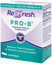 Caja abierta con cápsulas Rephresh Pro-B mostrando contenido y cantidad