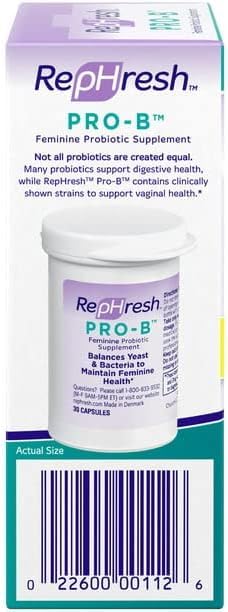 Detalle de la etiqueta Rephresh Pro-B con ingredientes y cepas destacadas