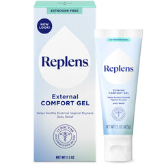Replens gel externo frente del tubo mostrando envase y beneficio hidratante