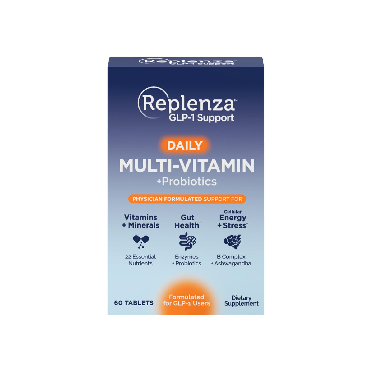 Replenza envase frontal mostrando 60 tabletas y conveniencia diaria