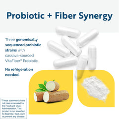 Researched Nutritionals CoreBiotic etiqueta legible con listado de cepas y prebiótico VitaFiber