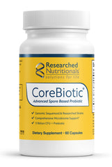 Researched Nutritionals CoreBiotic vista frontal mostrando el envase, diseño claro y profesional