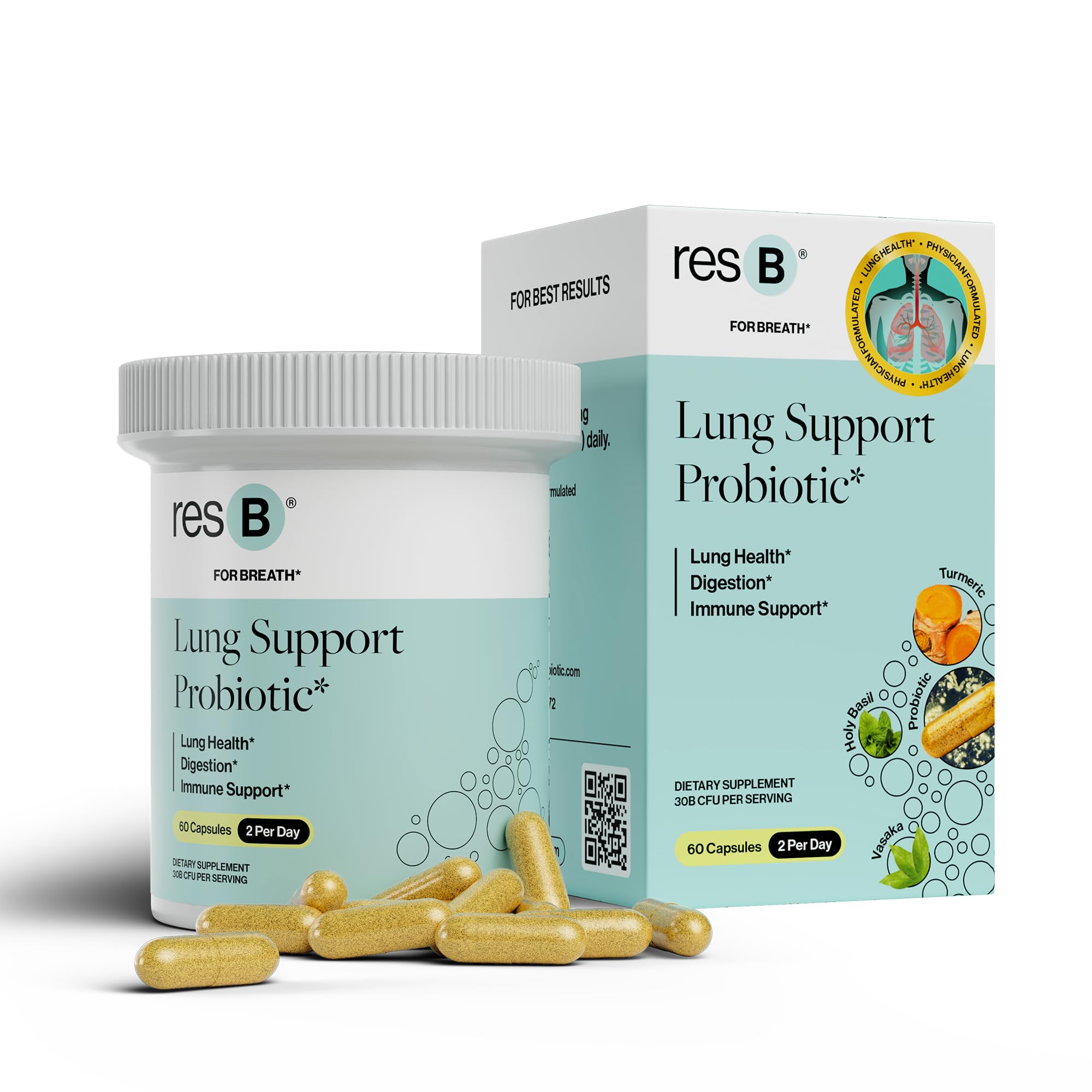 ResBiotic frasco frontal que muestra diseño y cantidad, conveniencia de uso