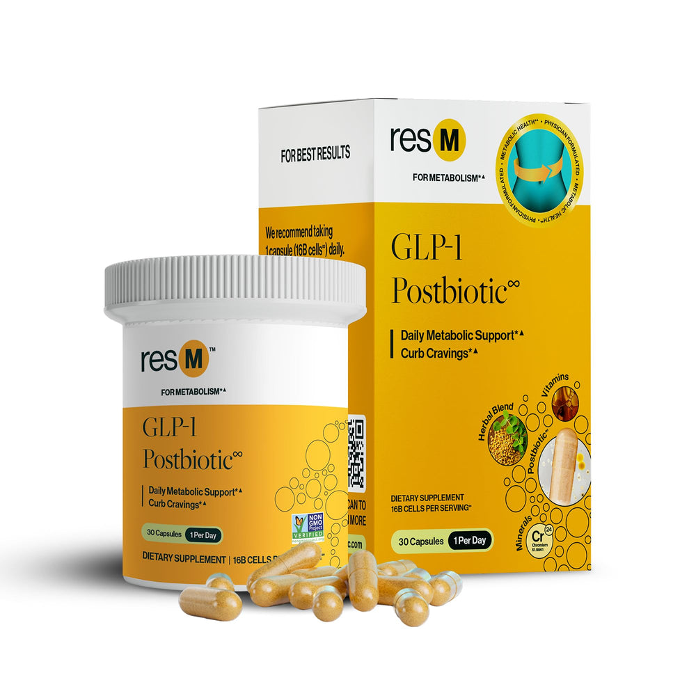 ResBiotic resM empaque frontal mostrando cápsulas y marca, beneficio conveniencia