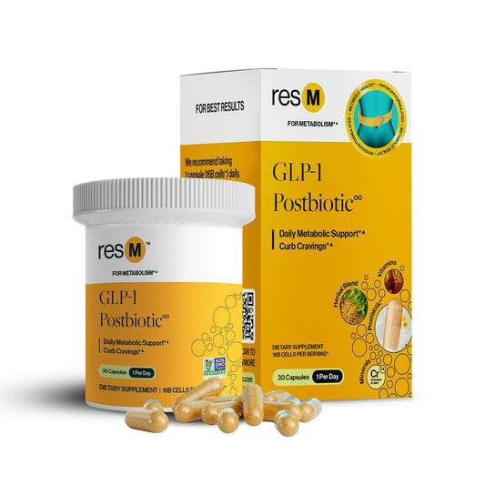 ResBiotic resM empaque frontal mostrando cápsulas y marca, beneficio conveniencia