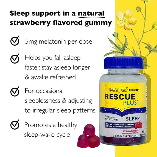 RESCUE PLUS Melatonin Gummies front label highlights vegan and gluten-free status