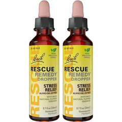RESCUE frascos frontales pack de 2 mostrando envase y cuentagotas, práctico y portátil
