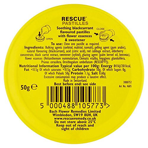 Pastillas RESCUE sabor grosella negra, sabor agradable para momentos de estrés.