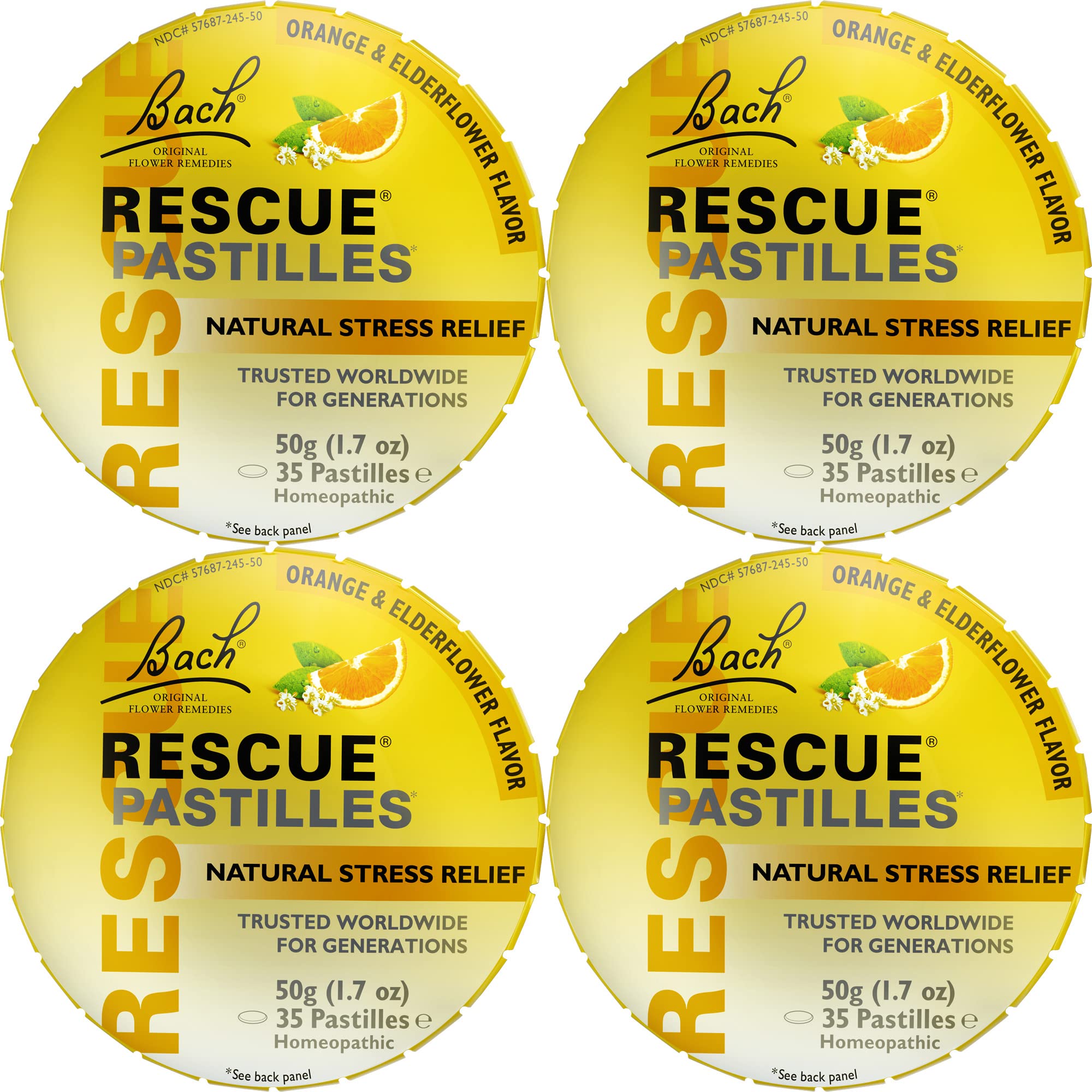 RESCUE pastilles empaque frontal mostrando sabor naranja y saúco, útil para llevar