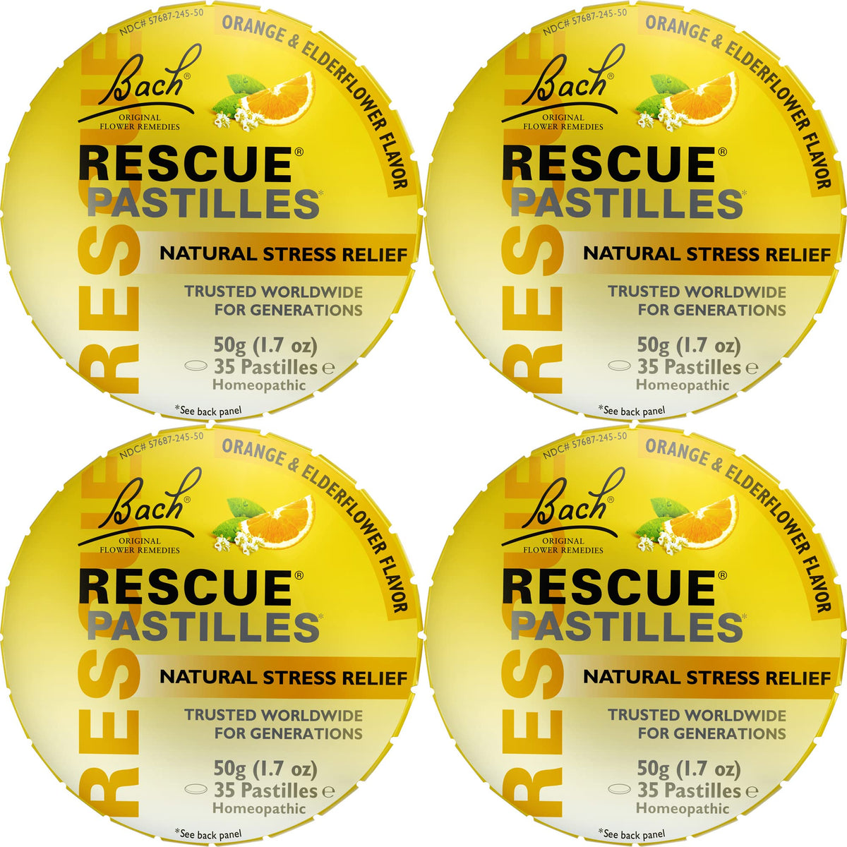 RESCUE pastilles empaque frontal mostrando sabor naranja y saúco, útil para llevar