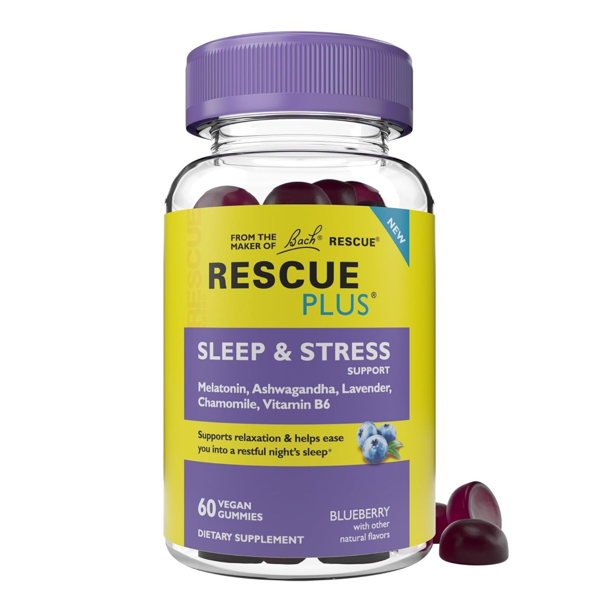 RESCUE envase frontal mostrando 60 gomitas y beneficios