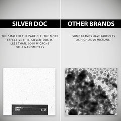 Research Labs Silver Doc botella lateral enfatizando envase seguro y estable