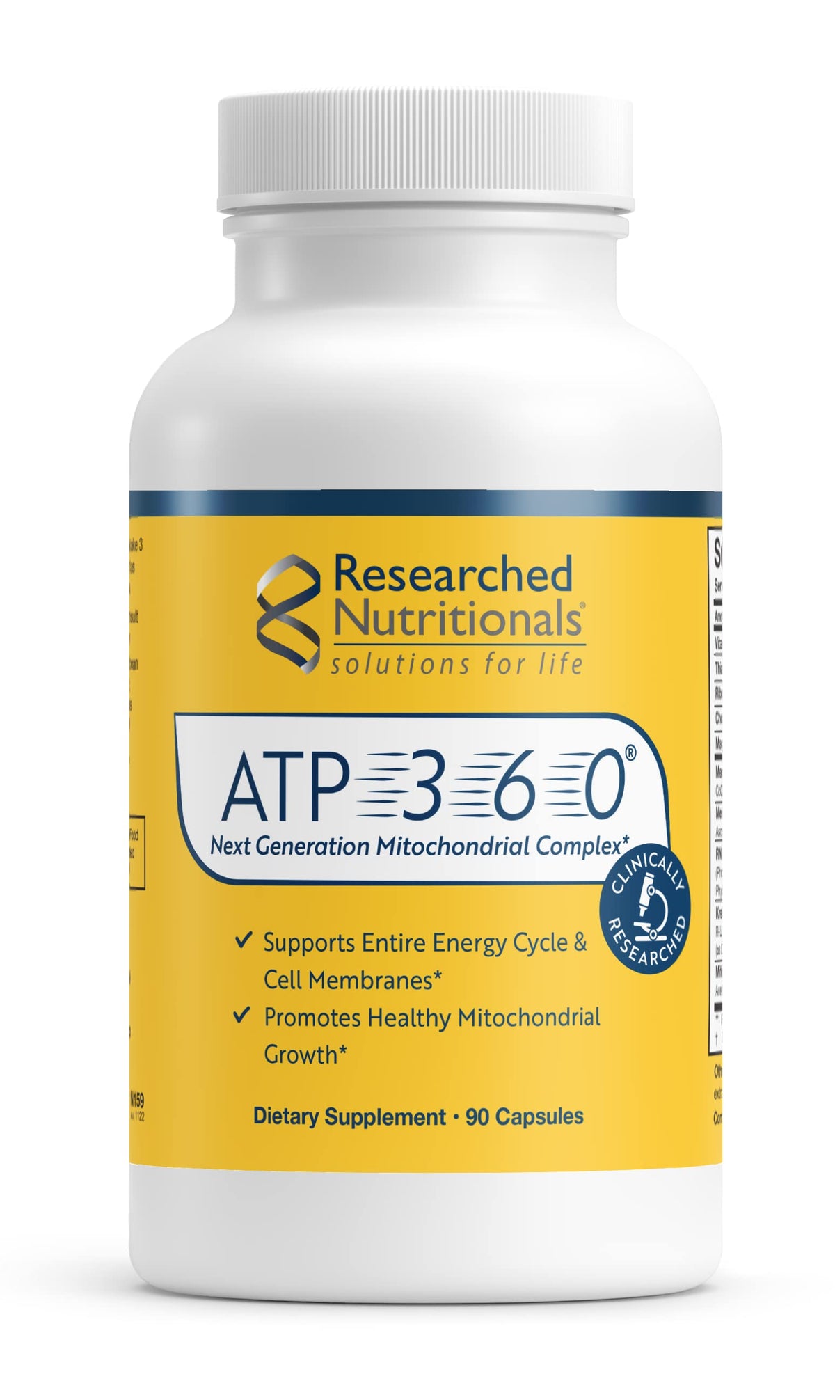 Researched Nutritionals ATP 360 frente del empaque mostrando diseño y cantidad